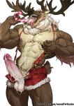  2021 abs anthro antlers big_bulge biped bodily_fluids braided_hair brown_body brown_fur bulge candy candy_cane candy_cane_in_mouth capreoline cervid cum cum_on_chest cum_on_penis cum_on_self cum_on_stomach dessert digital_media_(artwork) ear_piercing ear_ring food fur genital_fluids genitals hair hi_res horn looking_at_viewer male mammal multicolored_body multicolored_fur muscular muscular_anthro muscular_male neck_tuft nesskain nipple_fetish nipple_piercing nipple_pinch nipple_play nipple_ring nipples open_mouth open_smile pecs penis piercing pinch pubes reindeer saliva simple_background smile solo suspenders tan_body tan_fur tongue tongue_out tuft vein veiny_penis white_background white_hair 
