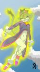  anthro arms_by_side blaze_the_cat broly domestic_cat dragon_ball felid feline felis female flying fur glowing green_body green_fur hi_res looking_at_viewer low-angle_view mammal nahadon parody raised_leg sega solo sonic_the_hedgehog_(series) yellow_eyes 