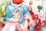  1girl blue_eyes blue_hair blush breasts christmas hat head_on_knees head_rest ikutorako indie_virtual_youtuber large_breasts liquid_hair looking_at_viewer santa_costume santa_hat smile soda_(vtuber) solo virtual_youtuber 