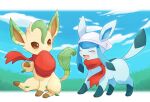  :d alopias blush closed_eyes commentary_request glaceon happy hat head_scarf leafeon mouth_hold no_humans open_mouth pokemon pokemon_(creature) red_headwear red_scarf scarf sitting smile standing tongue white_headwear 