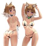  1girl alternate_breast_size animal_ears arcana_heart arcana_heart_2 ass back bangs bikini black_bikini blush breasts brown_hair cleavage collarbone commentary_request highres inuwaka_nazuna large_breasts looking_at_viewer looking_back looking_to_the_side multiple_views navel open_mouth parted_bangs purple_eyes short_hair sidelocks skindentation swimsuit tan tanlines thighs untied wa_(genryusui) 