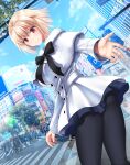  1girl arcueid_brunestud bangs black_legwear blonde_hair blue_sky blush breasts capelet cityscape dress highres large_breasts long_sleeves looking_at_viewer outstretched_arm pantyhose red_eyes short_hair sky smile solo thighs tsukihime white_capelet white_dress youshuu 