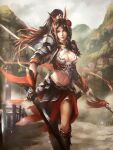  1girl absurdres armor breasts brown_eyes brown_hair cleavage closed_mouth dual_wielding faulds floating_hair haoba high_ponytail highres holding holding_polearm holding_sword holding_weapon legend_of_the_three_kingdoms long_hair looking_at_viewer medium_breasts midriff navel outdoors polearm red_skirt shoulder_armor skirt smile solo standing stomach sword very_long_hair weapon 