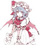  1girl ascot bangs bat_wings blue_hair brooch closed_mouth commentary dress eyebrows_behind_hair fingernails frilled_sleeves frills full_body hair_between_eyes hands_on_own_knees hat hat_ribbon jewelry kneeling leaning_forward looking_at_viewer mob_cap mozukuzu_(manukedori) puffy_short_sleeves puffy_sleeves red_ascot red_eyes red_ribbon remilia_scarlet ribbon short_hair short_sleeves simple_background sketch smile solo swept_bangs touhou white_background white_dress white_headwear wings wrist_cuffs 