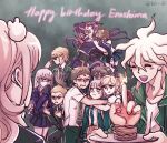  5boys 6+girls :d adjusting_eyewear ahoge angry bangs black_hair black_suit blonde_hair bow_hairband brown_hair cake commentary_request danganronpa:_trigger_happy_havoc danganronpa_(series) danganronpa_2:_goodbye_despair danganronpa_another_episode:_ultra_despair_girls disgust dress enoshima_junko fire food fukawa_touko genocider_shou glasses gloves grabbing grabbing_from_behind green_eyes green_jacket hair_ornament hairband hairclip hands_on_another&#039;s_shoulders hands_on_own_face happy_birthday highres hinata_hajime hood hoodie jacket kamukura_izuru kirigiri_kyouko komaeda_nagito kuzuryuu_fuyuhiko long_hair middle_finger midori_(310ri_21) multiple_boys multiple_girls naegi_komaru nanami_chiaki necktie pleated_skirt pout purple_hair purple_jacket red_eyes sailor_collar sailor_dress scissors shirt skirt smile sonia_nevermind sunglasses togami_byakuya tongue tongue_out white_hair white_mask white_shirt 