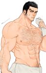  1boy abs arm_hair bara beard black_hair brown_eyes buzz_cut chest_hair cowboy_western facial_hair golden_kamuy groin hairy highres jo_tuesday19 large_pectorals long_sideburns looking_at_viewer male_focus mature_male muscular muscular_male naked_towel navel navel_hair nipples pectorals scar scar_on_cheek scar_on_face short_hair sideburns solo stomach stubble tanigaki_genjirou thick_eyebrows topless_male towel veins very_short_hair 