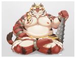  2022 anthro aotoaka belly bottomwear clothing cute_fangs felid hi_res horn humanoid_hands kemono loincloth male mammal moobs nipples overweight overweight_male pantherine red_body setsubun sitting solo tiger weapon white_body 