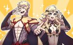  1girl abs absurdres ahoge blonde_hair breasts circlet cleavage covered_navel father_and_daughter fire_emblem fire_emblem_fates grey_eyes highres long_hair medium_breasts odin_(fire_emblem) oneirio open_mouth ophelia_(fire_emblem) pectorals 
