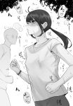  1girl blush breasts collarbone commentary_request covered_nipples faceless faceless_male greyscale long_hair monochrome open_mouth original ponytail ricochet-gou shirt short_sleeves simple_background small_breasts solo_focus steam trembling watch wristwatch 