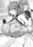  1boy 1girl absurdres ahoge bangs bare_shoulders breast_grab breasts dress fate/grand_order fate_(series) fujimaru_ritsuka_(female) gloves grabbing greyscale highres huge_breasts ijima_yuu looking_at_viewer monochrome one_side_up open_mouth short_hair under_the_same_sky 