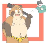  2022 anthro black_nose blush brown_body bulge canid canine canis clothing domestic_dog duo eyes_closed hi_res humanoid_hands kemono male mammal overweight overweight_male raccoon_dog setsubun tanuki ume_ume27 underwear weapon 