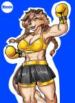  2022 accessory anthro athletic athletic_anthro athletic_female big_breasts black_nose blue_background bottomwear boxing_gloves bra braided_hair breasts brown_body brown_fur brown_hair canid canine canis cleavage clothed clothing collie domestic_dog female fur hair hair_accessory handwear herding_dog hi_res highlights_(coloring) kimmie_conover looking_at_viewer mammal multicolored_body multicolored_fur navel open_mouth open_smile orange_highlights pastoral_dog pigtails raised_arm rizzio rough_collie sheepdog signature simple_background skirt smile solo sports_bra two_tone_body two_tone_fur underwear white_body white_fur 