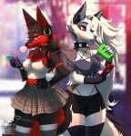  &lt;3 2022 anthro beverage black_body black_fur bottomwear breasts bubble_gum canid canid_demon canine cellphone clothed clothing collar demon drinking duo ear_piercing ear_ring eyelashes female fur hair hellhound helluva_boss hi_res legwear long_hair loona_(helluva_boss) mammal multicolored_body multicolored_fur nnecgrau phone piercing red_body red_fur red_sclera skirt spiked_collar spikes standing stockings text white_body white_fur zoe_(nnecgrau) 