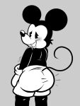  2021 black_body black_nose blush bottomwear butt butt_focus clothed clothing disney floofyboyetime gloves grey_background handwear looking_back male mammal mickey_mouse mouse murid murine nervous nervous_smile open_mouth open_smile rodent shorts simple_background smile solo standing topless 