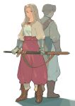  1boy 1girl blue_eyes blush boots breasts brother_and_sister brown_gloves brown_hair catiua_powell closed_mouth denim_powell full_body gloves long_hair looking_at_viewer sarmat short_hair siblings simple_background sword tactics_ogre weapon white_background 