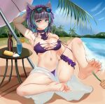  1girl absurdres animal_ears aqua_hair aqua_nails arm_behind_head azur_lane barefoot beach beach_umbrella bikini bottle breasts cheshire_(azur_lane) cheshire_(summery_date!)_(azur_lane) choker cleavage eyebrows_visible_through_hair eyewear_on_head fake_animal_ears food fruit hand_on_own_chest highres kanesada_dp large_breasts leg_garter looking_at_viewer lotion multicolored_hair nail_polish navel official_alternate_costume orange_(fruit) orange_slice outdoors palm_tree purple_bikini purple_choker purple_hair round_table sand sarong soles strapless strapless_bikini streaked_hair sunglasses sunscreen swimsuit tickling tinted_eyewear toenail_polish toenails toes tree two-tone_hair umbrella water 