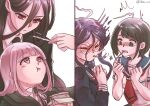  1boy 3girls ahoge bangs black_hair black_jacket black_necktie black_shirt blunt_bangs blush breast_pocket clenched_hands closed_mouth danganronpa_(series) danganronpa_2:_goodbye_despair danganronpa_another_episode:_ultra_despair_girls eyebrows_visible_through_hair food fukawa_touko hands_up highres holding jacket kamukura_izuru long_hair long_sleeves looking_down medium_hair midori_(310ri_21) multiple_girls naegi_komaru nanami_chiaki neck_ribbon necktie open_mouth pink_hair pink_ribbon pocket pocky pocky_day red_eyes red_necktie ribbon round_eyewear shirt short_hair simple_background tearing_up white_background yuri 