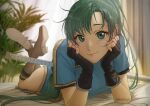  1girl bangs blue_dress boots dress face_in_hands fingerless_gloves fire_emblem fire_emblem:_the_blazing_blade gloves green_eyes green_hair katana light_particles looking_at_viewer lying lyn_(fire_emblem) maze_draws on_bed on_stomach ponytail smile sunlight sword twitter_username weapon 