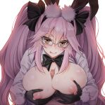  1girl animal_ear_fluff animal_ears backlighting bangs black_bow black_gloves blush bow breast_hold breasts breasts_out collared_shirt dress_shirt fate/grand_order fate_(series) glasses gloves hair_between_eyes hair_bow highres koyanskaya_(fate) large_breasts long_hair long_sleeves looking_at_viewer male_pubic_hair nipples open_clothes open_shirt pink_hair pubic_hair rabbit_ears shirt sidelocks smile tamamo_(fate) tongue tongue_out twintails white_shirt yellow_eyes youshuu 