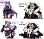  1boy 1girl absurdres armor black_armor black_gloves black_panties boots breasts bye_dad_i&#039;m_leaving_for_the_party_(meme) camilla_(fire_emblem) circlet cleavage crown english_text fire_emblem fire_emblem_fates garon_(fire_emblem) gloves grin high_collar highres large_breasts long_hair meme panties purple_hair shioinue smile thigh_boots thighhighs underwear white_hair 