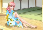  1girl alternate_costume architecture artist_logo bangs barefoot blue_kimono dated east_asian_architecture floral_print flower hair_flower hair_ornament highres japanese_clothes kimono knee_up legs long_hair long_legs looking_at_viewer obi one_piece pink_eyes pink_hair ponytail raida_(user_yypr5857) rebecca_(one_piece) sash shadow shiny shiny_hair sidelocks sitting smile solo teeth toes tongue upper_teeth yellow_sash yukata 