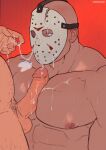  2boys abs absurdres bad_id bad_twitter_id bald bara belly between_pectorals blush completely_nude cum cum_on_body cum_on_boy cum_on_pectorals cum_string dark-skinned_male dark_skin erection facial friday_the_13th highres jason_voorhees large_pectorals macho_juice male_focus male_pubic_hair mask multiple_boys muscular muscular_male nipples nude pecjob pectorals pubic_hair solo_focus uncensored upper_body yaoi 