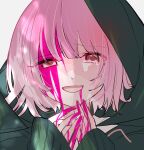  1girl anon_0037 bangs bleeding blood blood_on_face blunt_bangs commentary_request crying crying_with_eyes_open danganronpa_(series) danganronpa_2:_goodbye_despair eyebrows_visible_through_hair face flipped_hair green_jacket highres hood hooded_jacket jacket long_sleeves nanami_chiaki pink_blood pink_eyes pink_hair sad_smile short_hair simple_background smile solo spoilers swept_bangs tearing_up tears white_background 