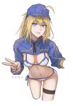  1girl :d absurdres ahoge artoria_pendragon_(fate) bangs baseball_cap bikini blonde_hair blue_eyes blue_headwear blue_ribbon breasts cleavage cropped_arms cropped_legs eyebrows_visible_through_hair fate/grand_order fate_(series) groin hair_between_eyes hat highres leaning_forward long_hair long_sleeves looking_at_viewer medium_breasts mysterious_heroine_xx_(fate) nail_polish navel pink_nails ponytail ribbon senamashiro shrug_(clothing) side-tie_bikini simple_background sketch skindentation smile solo standing swimsuit thigh_strap v white_background white_bikini 