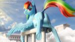  2022 animal_genitalia animal_pussy anus clopician cloud cutie_mark detailed_background equid equine equine_pussy eyebrows feathered_wings feathers female feral friendship_is_magic genitals hasbro hi_res hooves looking_at_viewer mammal my_little_pony outside pegasus purple_eyes pussy rainbow_dash_(mlp) solo underhoof wings 