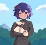  1girl ;) absurdres bangs bernadetta_von_varley black_sweater blue_sky blush breasts cleavage cleavage_cutout closed_mouth clothing_cutout cloud commentary day earrings eyebrows_visible_through_hair fire_emblem fire_emblem:_three_houses forest highres jewelry large_breasts looking_at_viewer meme_attire nature one_eye_closed open-chest_sweater outdoors purple_eyes purple_hair ribbed_sweater short_hair sky smile solo sweater tree turtleneck xeno_(xenoglitch) 