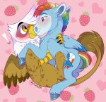  &lt;3 avian beak black_claws blue_body blush brown_body brown_feathers claws cutie_mark equid equine eyebrows feathered_wings feathers female feral food friendship_is_magic fruit gilda_(mlp) gryphon hasbro hi_res hooves long_tail mammal my_little_pony mythological_avian mythology owlcoholik pegasus pink_background plant purple_eyes rainbow_dash_(mlp) simple_background spots strawberry white_body white_feathers wings yellow_eyes 