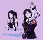  2girls bartender black_hair blush chika_(keiin) cocktail_shaker cosplay crossover final_fantasy final_fantasy_vii highres jill_stingray jill_stingray_(cosplay) long_hair looking_at_another multiple_girls necktie purple_hair shaking tifa_lockhart trait_connection twintails va-11_hall-a 