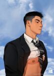  abs bara black_eyes black_hair chioneoc formal male_focus mature_male muscular muscular_male necktie nipples open_clothes open_shirt original pectoral_cleavage pectorals shirt suit text_focus 