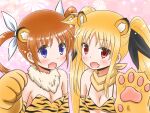  2girls animal_hands animal_print bandana bangs bikini black_ribbon blonde_hair blue_eyes brown_hair commentary elbow_gloves eyebrows_visible_through_hair fang fate_testarossa flat_chest fur_collar gloves hair_ribbon long_hair lyrical_nanoha multiple_girls open_mouth paw_gloves paw_pose print_bikini print_swimsuit red_eyes ribbon shinozuki_takumi short_hair side-by-side sidelocks skin_fang swimsuit takamachi_nanoha textless tiger_print twintails white_ribbon yellow_bandana yellow_bikini yellow_gloves yellow_swimsuit 