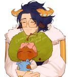  animal_ears blue_hair bug child closed_eyes commission glasses goat_horns green_hair headband highres horns hug jacket ladybug mature_male original reji_(_rejisen) runes smile stick 