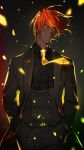  1boy ashwatthama_(fate) bangs closed_mouth coat commentary_request dark-skinned_male dark_skin fate/grand_order fate_(series) formal highres long_hair looking_at_viewer male_focus necktie red_hair semi_(p-poco) solo suit yellow_eyes yellow_necktie 