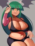  1girl absurdres alternate_breast_size alternate_costume ass bangs bare_shoulders bat_wings bikini black_shorts black_sports_bra blunt_bangs breasts cleavage demon_girl eyebrows_visible_through_hair green_eyes green_hair grey_background head_wings highres huge_breasts long_hair looking_at_viewer morrigan_aensland shorts simple_background smile solo sports_bra swimsuit thighs vampire_(game) wings xeno_(xenoglitch) 