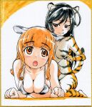  :q ahoge animal_costume animal_ears animal_print bangs bikini black_eyes black_hair blunt_bangs bodysuit breasts cleavage closed_mouth commentary cow_ears cow_print eyebrows_visible_through_hair fake_animal_ears girls_und_panzer half-closed_eyes halterneck highres isuzu_hana licking_lips long_hair looking_at_another lying medium_breasts on_stomach open_mouth orange_bodysuit orange_eyes orange_hair painting_(medium) print_bikini scan sitting smile swimsuit tail takebe_saori tiger_costume tiger_ears tiger_print tiger_tail tongue tongue_out traditional_media untying urayamasina wariza watercolor_(medium) yuri 