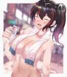  1girl :d after_bathing bangs blurry blurry_background border bottle breasts cleavage closed_eyes collarbone covered_nipples eyebrows_visible_through_hair groin highres holding holding_bottle large_breasts linea_alba milk_bottle multicolored_hair navel nude open_mouth original outside_border red_hair side_ponytail smile solo steam steaming_body towel towel_around_neck two-tone_hair wakura_(gcdan) wet wet_hair white_border 