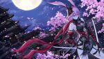  1girl animal_ears architecture armor bangs bare_shoulders cherry_blossoms closed_mouth cloud cloudy_sky dual_wielding east_asian_architecture fox_ears fox_mask full_moon gauntlets highres holding holding_sword holding_weapon honkai_(series) honkai_impact_3rd japanese_armor katana looking_at_viewer mask moon night night_sky ninja petals pink_hair purple_eyes shibanme_tekikumo sky sword tree weapon yae_kasumi yae_sakura yae_sakura_(darkbolt_jonin) 