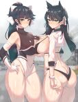  2girls absurdres animal_ears ass atago_(azur_lane) atago_(stunning_speedster)_(azur_lane) azur_lane bare_shoulders bikini black_hair blurry blurry_background bow breast_press breasts brown_gloves cleavage_cutout clothing_cutout dog_ears elbow_gloves fingerless_gloves gloves hair_bow hair_flaps highleg highleg_bikini highleg_leotard highres impossible_clothes large_breasts leotard long_hair mole mole_under_eye multicolored_leotard multiple_girls official_alternate_costume ponytail race_queen shrug_(clothing) sleeve_cuffs smile swimsuit symmetrical_docking takao_(azur_lane) takao_(full_throttle_charmer)_(azur_lane) two-tone_bikini two-tone_leotard wakura_(gcdan) wet wet_clothes white_bow white_gloves wrist_cuffs yellow_eyes 