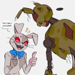  ... anthro burntrap_(fnaf) cybernetics cyborg duo female five_nights_at_freddy&#039;s gesture hi_res human lagomorph leporid machine male mammal rabbit red_eyes roserivy scottgames speech_bubble text thumbs_up undead vanny_(fnaf) video_games 