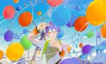  1boy absurdres amusement_park aqua_hair balloon black_shirt blue_sky carousel clear_sky colorful day double_horizontal_stripe earrings eyelashes ferris_wheel finger_frame fingernails grey_shirt hair_between_eyes hands_up highres jacket jewelry kamishiro_rui looking_at_viewer male_focus multicolored_clothes multicolored_hair multicolored_jacket one_eye_closed outdoors parai0 project_sekai purple_hair roller_coaster shirt short_hair_with_long_locks sky smirk streaked_hair striped striped_shirt stud_earrings tower tsurime two-tone_hair vertical-striped_shirt vertical_stripes white_jacket white_shirt yellow_eyes 