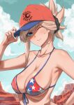  1girl absurdres american_flag_bikini bangs bare_shoulders baseball_cap bikini blue_eyes blue_sky blush breasts cleavage collarbone fate/grand_order fate_(series) flag_print hat highres large_breasts lips long_hair looking_at_viewer lucyan miyamoto_musashi_(fate) miyamoto_musashi_(swimsuit_berserker)_(fate) miyamoto_musashi_(traveling_outfit)_(fate) navel one_eye_closed pink_hair ponytail red_headwear sky solo swept_bangs swimsuit 