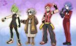  1girl 3boys aaron_(pokemon) bare_shoulders bertha_(pokemon) black_gloves black_hair blue_eyes blue_hair book choker detached_sleeves dreambig fingerless_gloves flint_(pokemon) formal full_body glasses gloves green_hair grey_hair highres holding long_hair long_sleeves lucian_(pokemon) multiple_boys old old_woman pokemon pokemon_(game) pokemon_dppt ponytail red_hair sandals short_hair single_fingerless_glove smile standing suit 