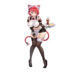  1girl alternate_costume animal_ears bangs black_gloves black_legwear blush breasts cat_ears cat_tail cleavage_cutout clothing_cutout drink elbow_gloves enmaided fangs food fork full_body garter_straps gloves hair_between_eyes high_heels highres janghwa_(last_origin) large_breasts last_origin looking_at_viewer maid maid_headdress mole mole_under_eye navel necktie official_art open_mouth pie purple_eyes red_hair short_hair short_shorts shorts solo tachi-e tail tattoo thighhighs transparent_background tray 