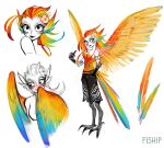  1girl absurdres artist_name bird_tail black_eyes blush claws closed_mouth colorful fewer_digits flower hair_flower hair_ornament harpy highres long_hair looking_at_viewer matilda_fiship monster_girl multicolored_hair multicolored_wings multiple_views original rainbow_gradient sanpaku simple_background smile spread_wings standing tail talons thumbs_up white_background wings 