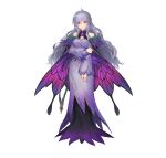  1girl absurdres alternate_costume bangs bare_shoulders breasts cape deirdre_(fire_emblem) detached_collar dress fire_emblem fire_emblem:_genealogy_of_the_holy_war fire_emblem_heroes full_body gradient gradient_clothes hair_ornament highres long_dress medium_breasts official_art oukawa_yuu purple_dress purple_eyes purple_hair shiny shiny_hair simple_background white_background 