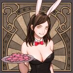  1girl animal_ears bare_shoulders black_leotard bow bowtie breasts brown_background brown_hair cleavage commentary condom condom_wrapper detached_collar english_commentary fake_animal_ears grey_eyes hairband highres holding holding_tray leotard looking_at_viewer medium_breasts medium_hair original parted_lips playboy_bunny rabbit_ears red_bow red_bowtie rustle smile solo star_(symbol) strapless strapless_leotard tray upper_body 
