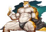  2022 5_fingers absurd_res alcohol anthro barazoku beverage big_muscles black_body black_fur black_nipples bulge champagne champagne_glass clothed clothing felid fingers fur hi_res huge_muscles humanoid_hands looking_at_viewer male mammal muscular muscular_anthro muscular_male nipples orange_body orange_fur pantherine pink_nose scar sitting solo striped_body striped_fur stripes tiger topless traver009 underwear veiny_muscles white_body white_fur 